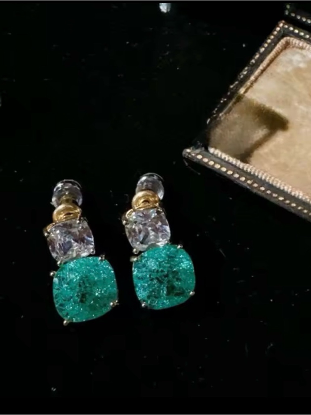 NEW Paraiba Tourmaline CZ Cushion CZ Gemstone Earrings Gold-Tone